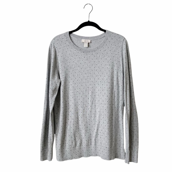 LOFT Sweater Women's Size L Gray Polka Dot Crewneck Long Sleeve Pullover Slits - Picture 1 of 6